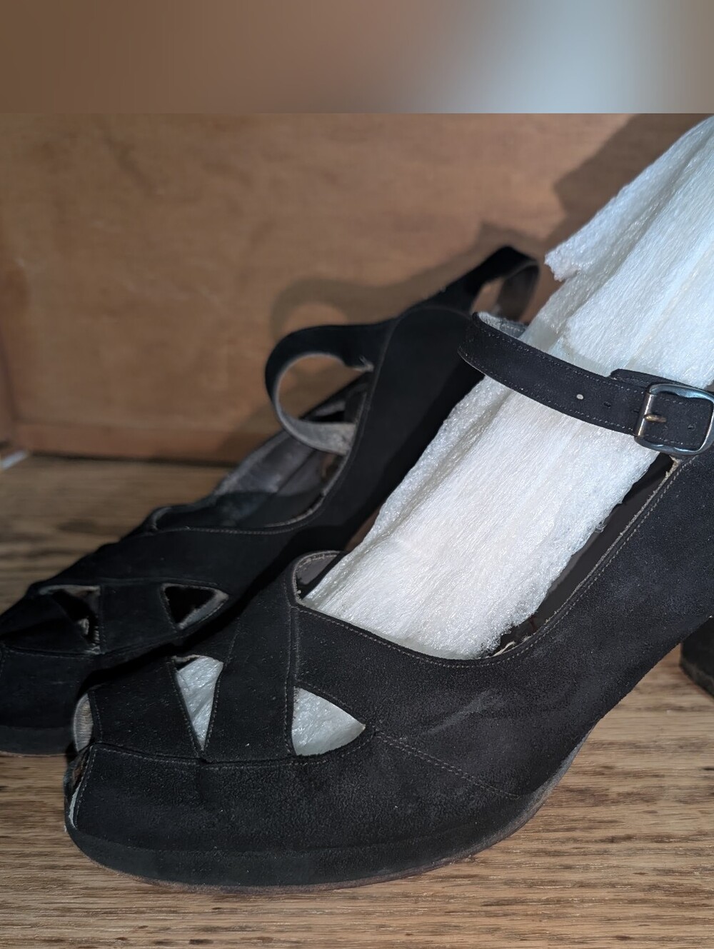 Vintage 1940's Peep Toe Black Suede Shoes Size 8, Vintage Enthusiasts